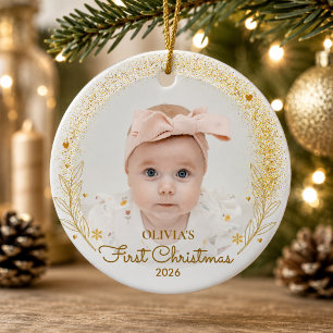 Eerste Kerstmis Baby Foto Naam Jaar Goud Keramisch Ornament