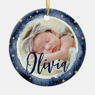 Eerste Kerstmis Baby Geboorte Stats Foto Sterren Keramisch Ornament