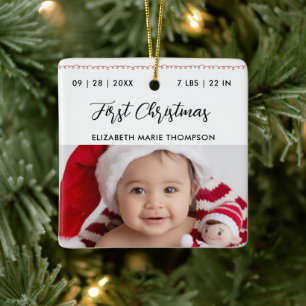 Eerste Kerstmis Baby Geboorte Stats Naam Calligraf Keramisch Ornament