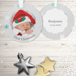 Eerste kerstmis baby jongen blauwe sneeuwvlokken f ornament