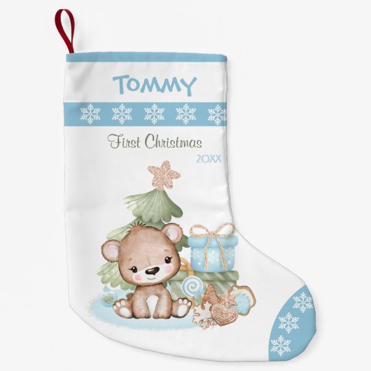 Eerste Kerstmis Baby Jongen Kerstmis Kous Blauw Kleine Kerstsok (Voorkant)