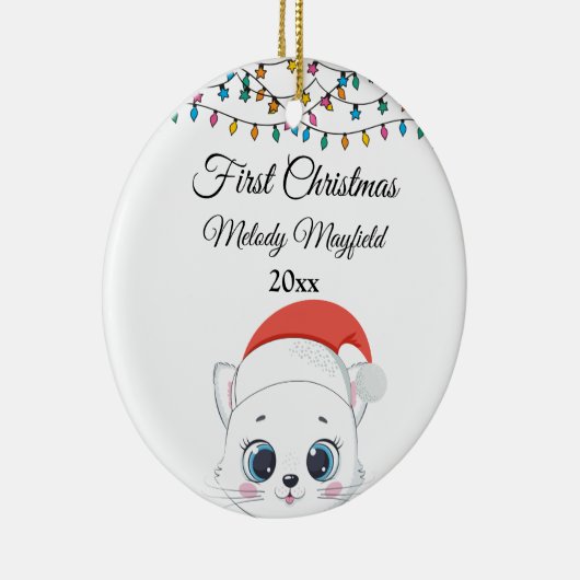 Eerste Kerstmis Baby Jongen Meisje Schattigee Kat  Keramisch Ornament (Rechts)