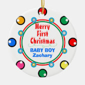 Eerste Kerstmis Baby Jongen Rood Groen Blauw Keramisch Ornament (Voorkant)