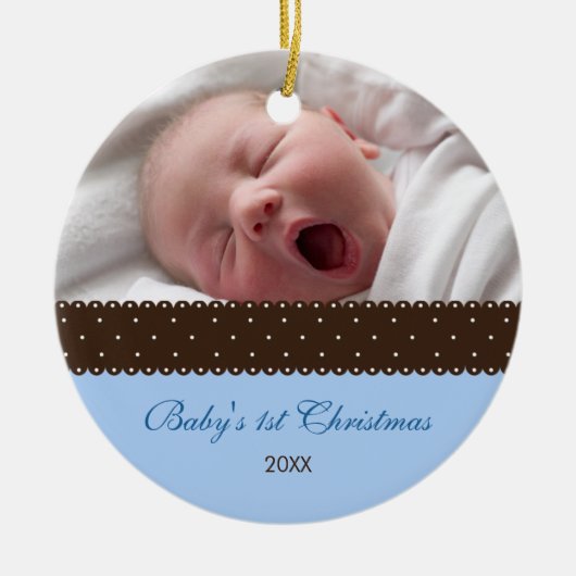 Eerste Kerstmis baby - Lint (blauw) Keramisch Ornament (Voorkant)