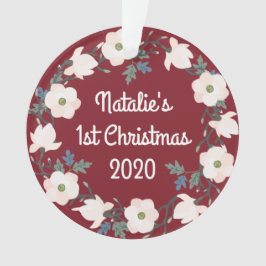 Eerste Kerstmis Baby Meisje Bloemrijk Burgundy Fot Ornament