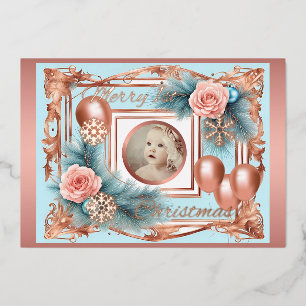 Eerste Kerstmis Baby Meisje Pastel Roos Gouden Ret Folie Uitnodiging