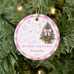 Eerste kerstmis baby meisje roze geruite strik fot keramisch ornament