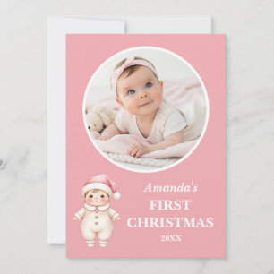 Eerste Kerstmis Baby Meisje Roze Kerstman Foto Kaart