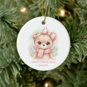 Eerste kerstmis baby meisje roze teddybeer foto keramisch ornament
