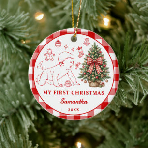 Eerste kerstmis baby met rode gingham strik foto keramisch ornament