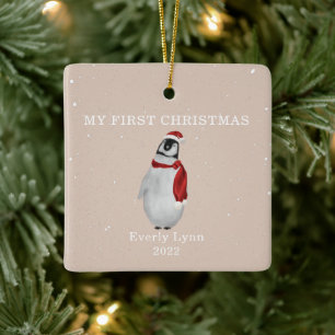 Eerste Kerstmis Baby Pinguin Pink Snow Keramisch Ornament