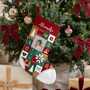 Eerste kerstmis baby quilt met foto en naam kleine kerstsok