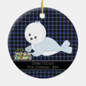 Eerste Kerstmis: Baby Seal・Blue Pset Keramisch Ornament (Achterkant)