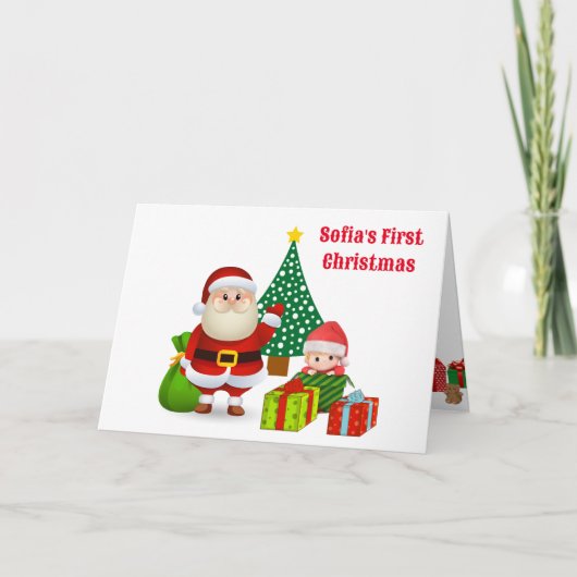 Eerste Kerstmis Baby's Gepersonaliseerde Naam Sant Feestdagen Kaart (Voorkant)