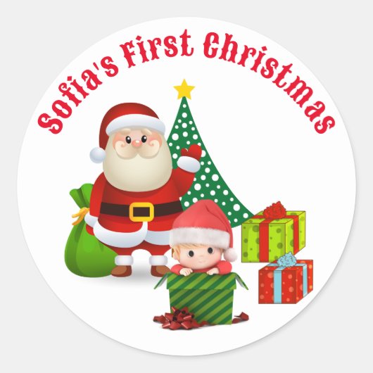 Eerste Kerstmis Baby's persoonlijke naam Elf Ronde Sticker (Voorkant)