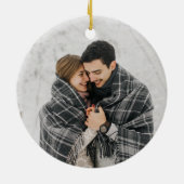 Eerste Kerstmis Betrokken 2-foto wit script Keramisch Ornament (Achterkant)