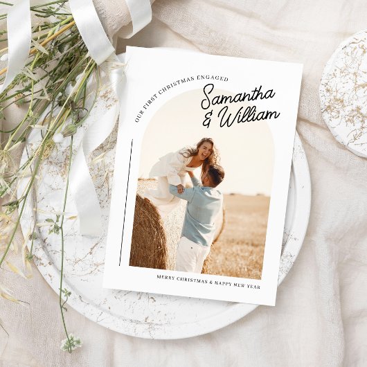 Eerste Kerstmis Betrokken Boho Arch Foto Feestdagenkaart