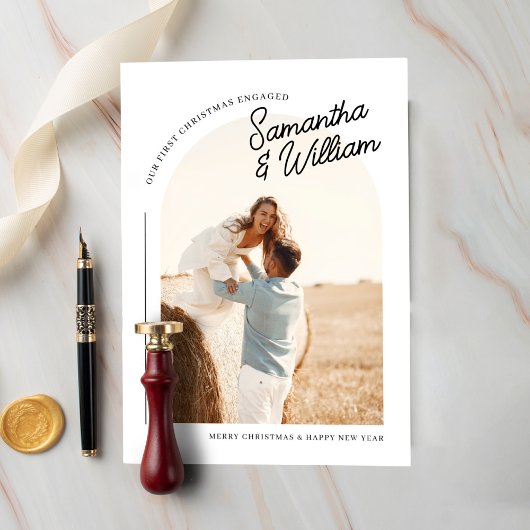 Eerste Kerstmis Betrokken Boho Arch Foto Feestdagenkaart