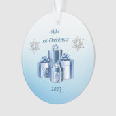 Eerste Kerstmis Blauwe & Zilveren baby jongen Ornament (voorkant)