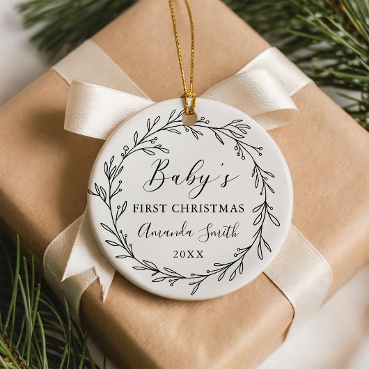 Eerste Kerstmis Bloemige Botanische Krans Keramisch Ornament