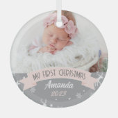 Eerste Kerstmis Blush Pink Baby Girl Foto Glas Ornament (Voorkant)