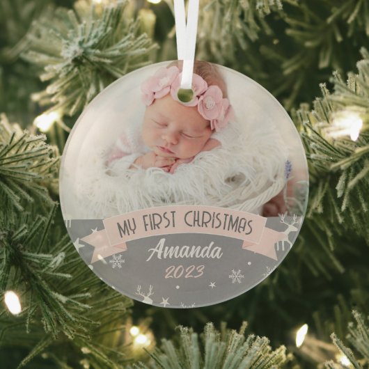 Eerste Kerstmis Blush Pink Baby Girl Foto Glas Ornament (Insitu)