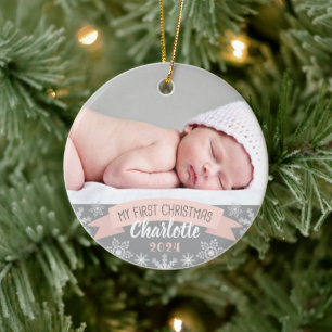 Eerste Kerstmis Blush Pink Baby Girl Foto Keramisch Ornament