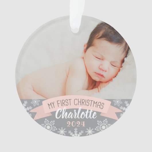 Eerste Kerstmis Blush Pink Baby Girl Foto Ornament (voorkant)