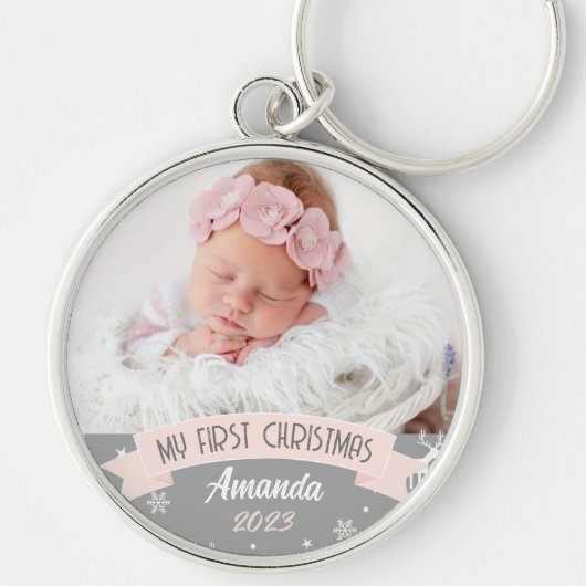 Eerste Kerstmis Blush Pink Baby Girl Foto Sleutelhanger (Voorkant)