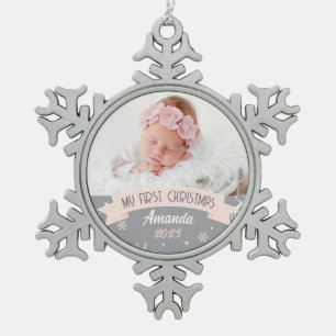 Eerste Kerstmis Blush Pink Baby Girl Foto Tin Sneeuwvlok Ornament