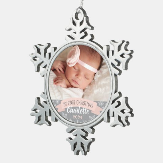 Eerste Kerstmis Blush Pink Baby Girl Foto Tin Sneeuwvlok Ornament (Rechts)