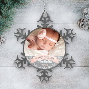 Eerste Kerstmis Blush Pink Baby Girl Foto Tin Sneeuwvlok Ornament