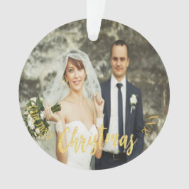 Eerste Kerstmis bruiloft foto gouden script Ornament