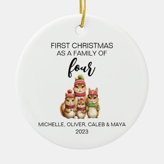 Eerste Kerstmis Chipmunk Familie van Vier Keramisch Ornament (Voorkant)