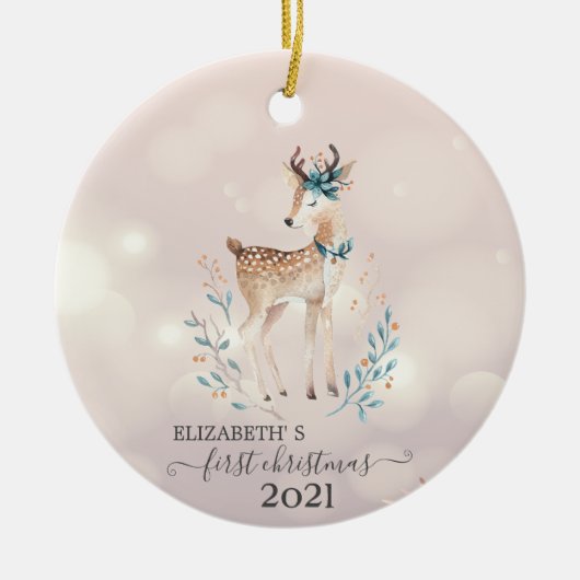 Eerste Kerstmis, Cute Deer Holiday Keramisch Ornament (Voorkant)