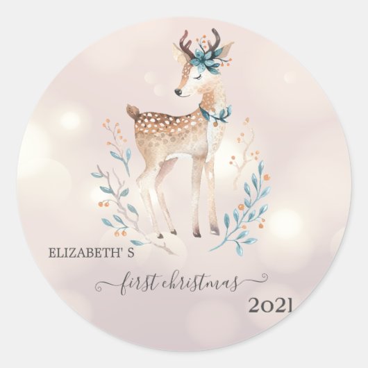 Eerste Kerstmis, Cute Deer Holiday Ronde Sticker (Voorkant)