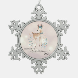Eerste Kerstmis, Cute Deer Holiday Tin Sneeuwvlok Ornament