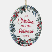 Eerste Kerstmis, de heer en mevrouw Berries Wreath Keramisch Ornament (Rechts)