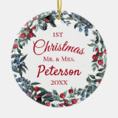 Eerste Kerstmis, de heer en mevrouw Berries Wreath Keramisch Ornament (Voorkant)