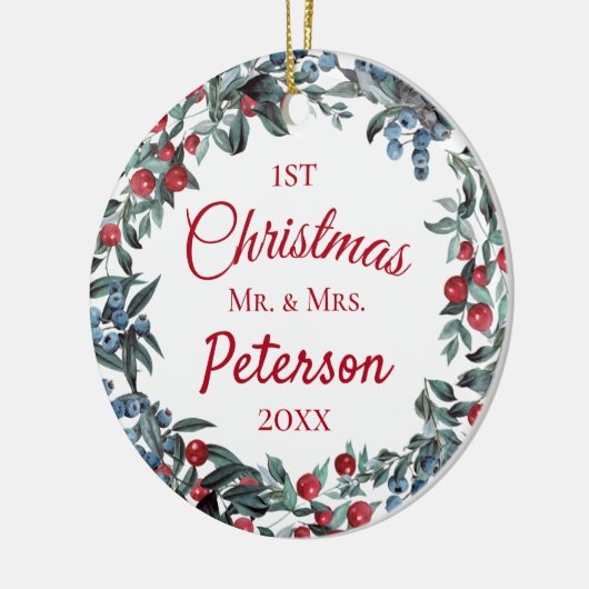 Eerste Kerstmis, de heer en mevrouw Berries Wreath Keramisch Ornament (Links)