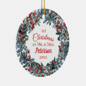 Eerste Kerstmis, de heer en mevrouw Berries Wreath Keramisch Ornament (Rechts)