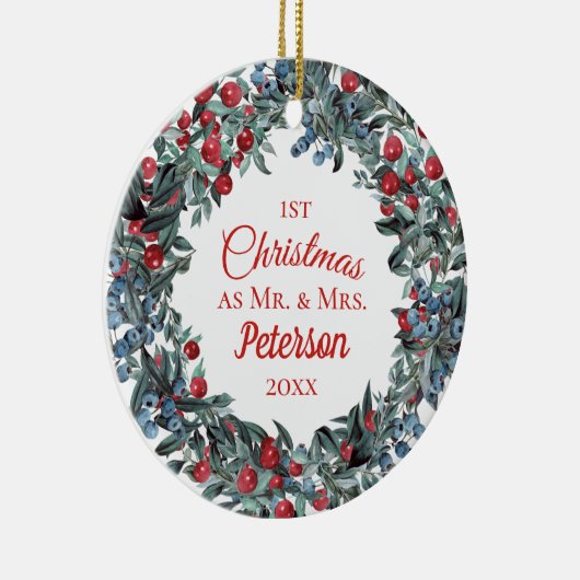 Eerste Kerstmis, de heer en mevrouw Berries Wreath Keramisch Ornament (Rechts)