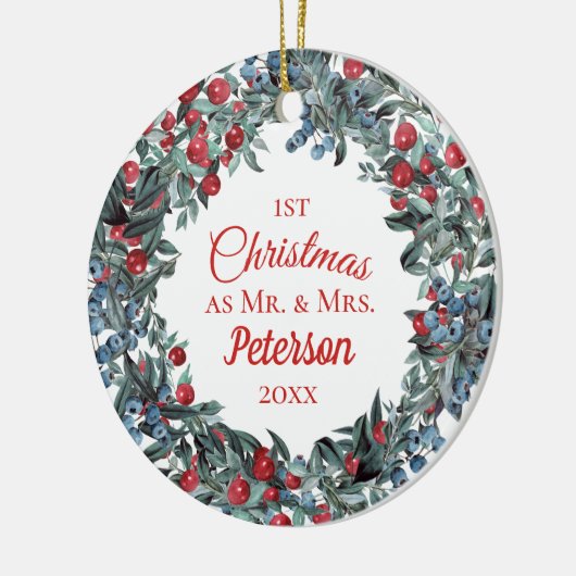 Eerste Kerstmis, de heer en mevrouw Berries Wreath Keramisch Ornament (Links)