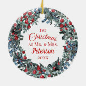 Eerste Kerstmis, de heer en mevrouw Berries Wreath Keramisch Ornament (Achterkant)