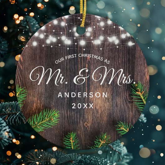 Eerste Kerstmis, de heer Pine Wood String Lights Keramisch Ornament