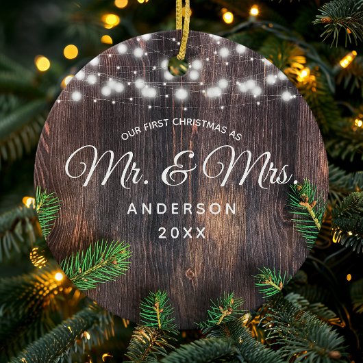 Eerste Kerstmis, de heer Pine Wood String Lights Keramisch Ornament