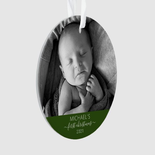 Eerste Kerstmis Elegant Baby's Foto Name Script Ornament (voorkant)