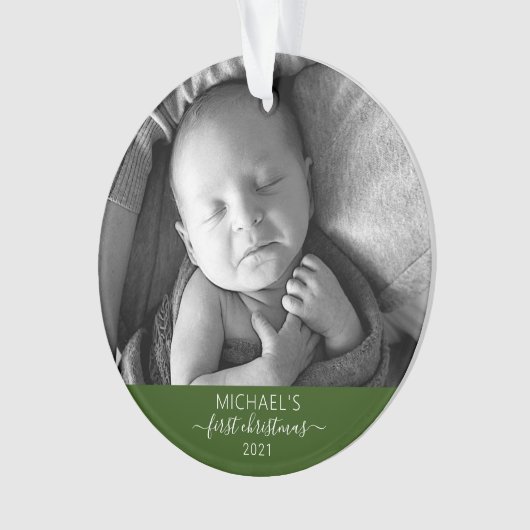 Eerste Kerstmis Elegant Baby's Foto Name Script Ornament (voorkant)