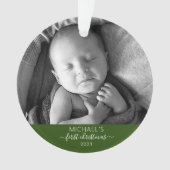 Eerste Kerstmis Elegant Baby's Foto Name Script Ornament (voorkant)