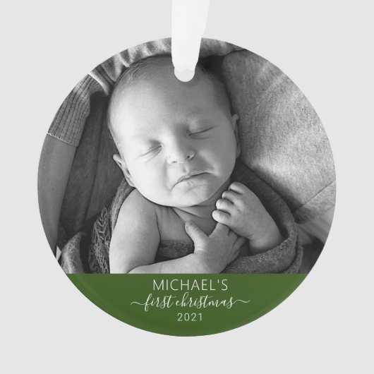 Eerste Kerstmis Elegant Baby's Foto Name Script Ornament (voorkant)